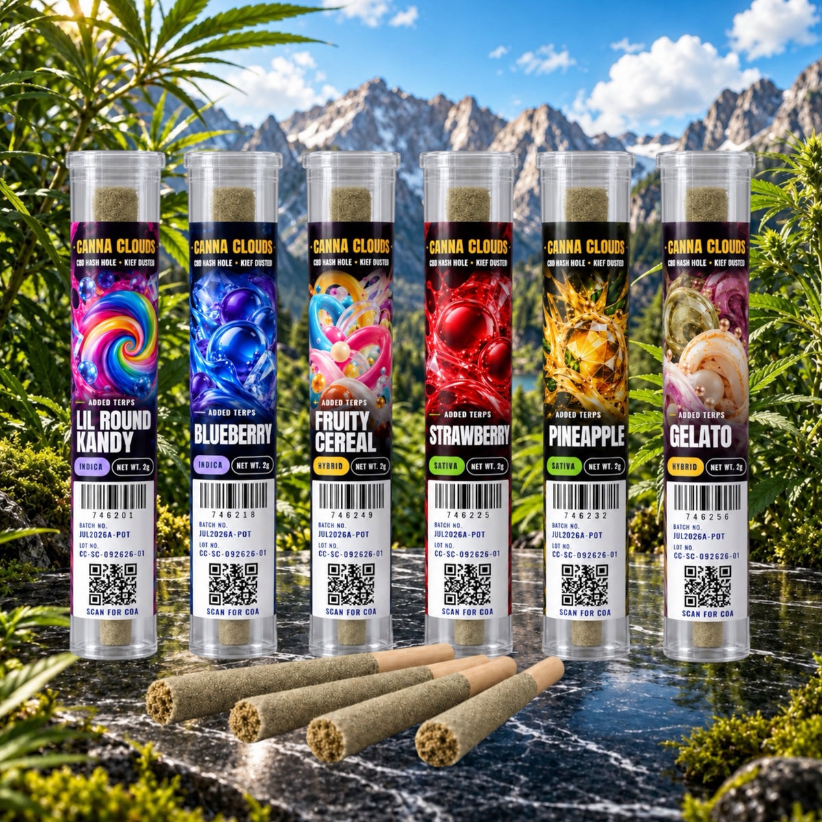 Canna Clouds CBD Hash Hole Kief Dusted Pre-Rolls - 2g, six flavors
